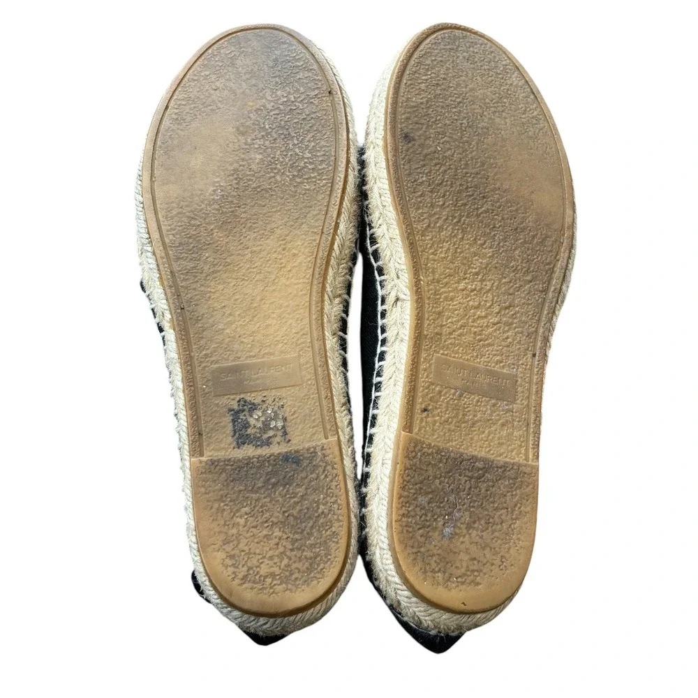 Saint Laurent Womens Espadrilles Flats Shoes Black Canvas Embroidered Logo 37.5